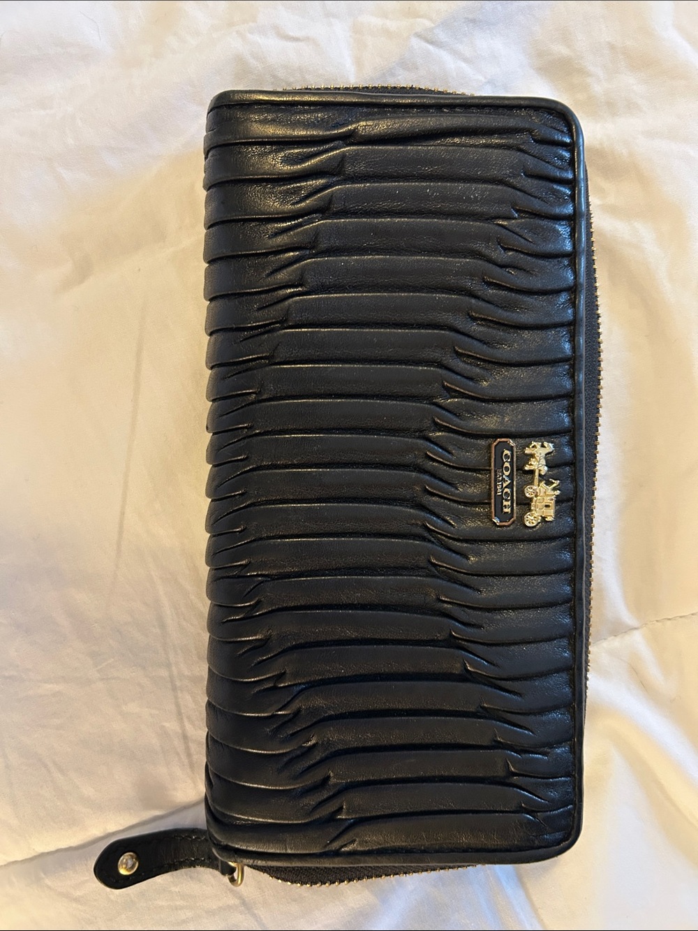 Coach Black Zip-Around Leather Wallet with Gold Hardware